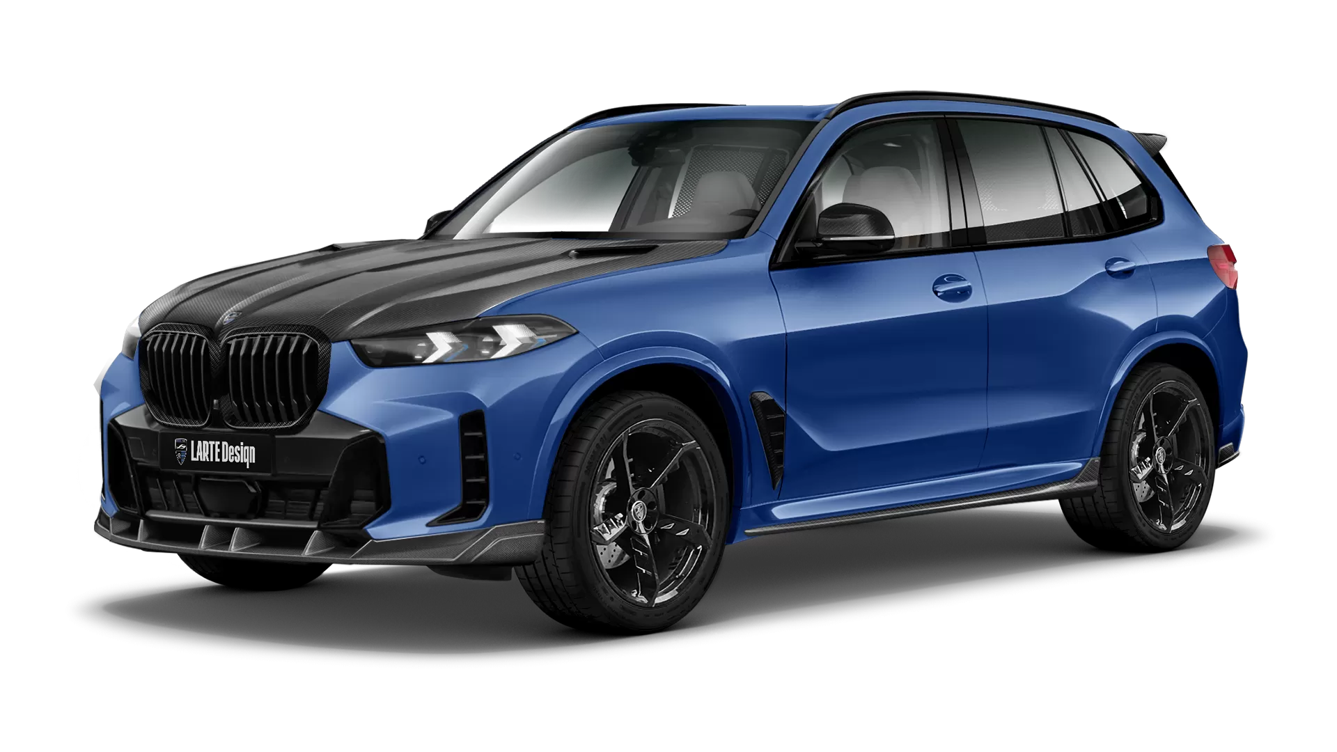 BMW X5 G05 LCI Facelift with carbon body kit: front view shown in Marina Bay Blue