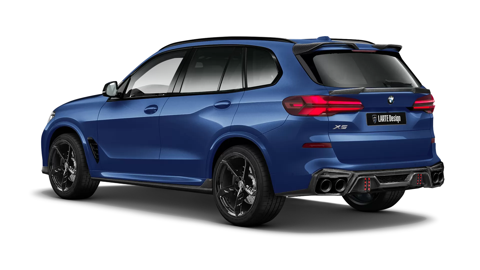 BMW X5 G05 LCI Facelift with carbon body kit: back view shown in Marina Bay Blue