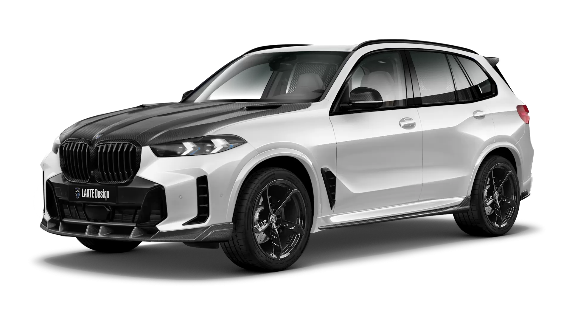 BMW X5 G05 LCI Facelift with carbon body kit: front view shown in Mineral White