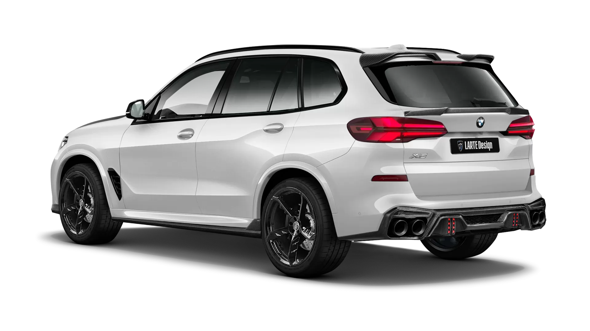 BMW X5 G05 LCI Facelift with carbon body kit: back view shown in Mineral White