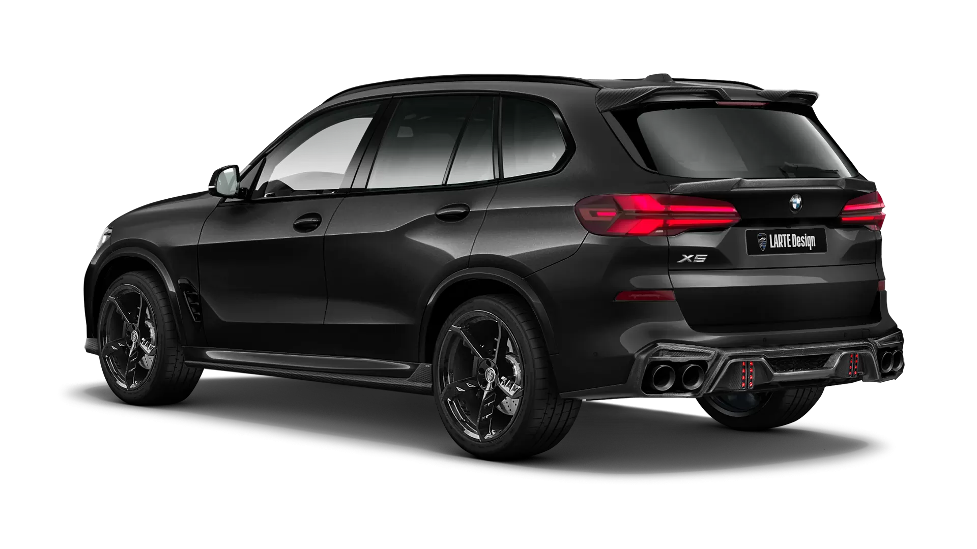 BMW X5 G05 LCI Facelift with carbon body kit: back view shown in Sapphire Black