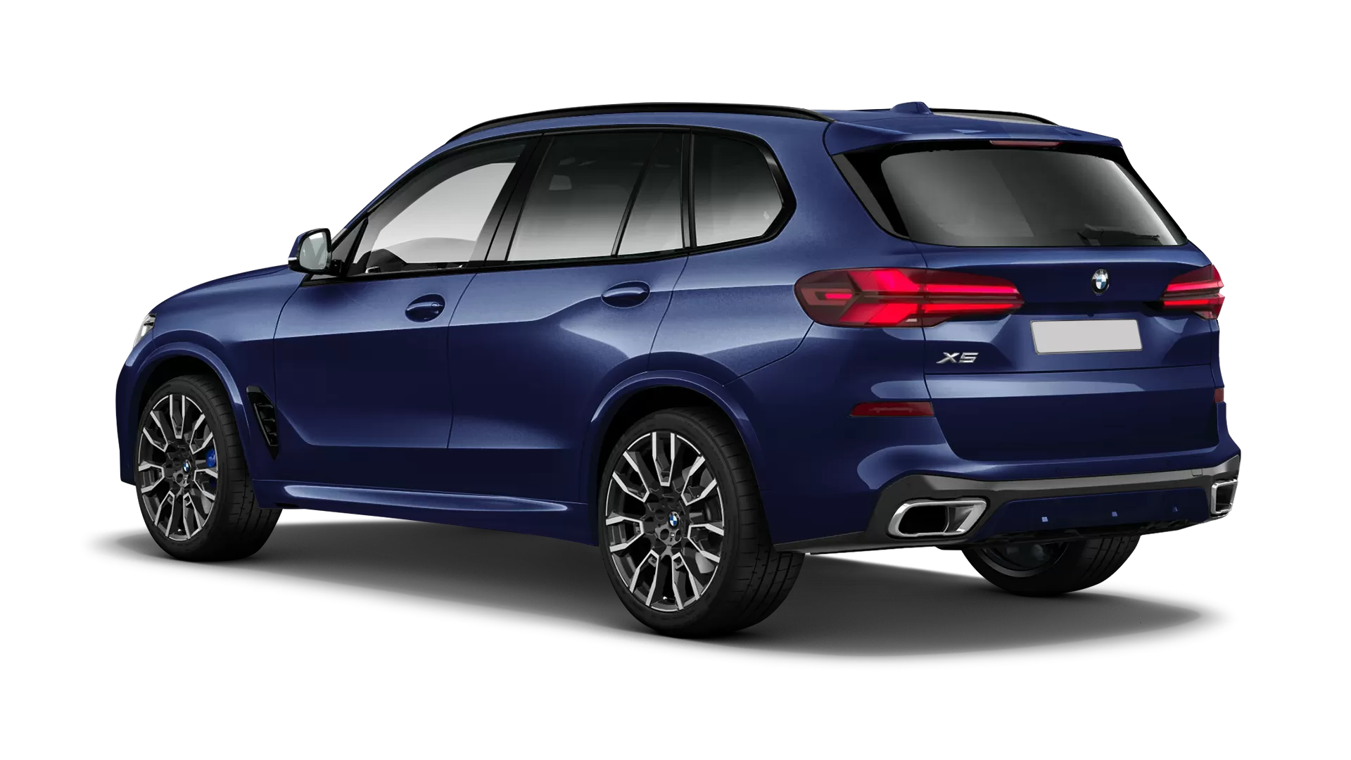 BMW X5 G05 LCI Facelift stock rear view in Tanzanite Blue color
