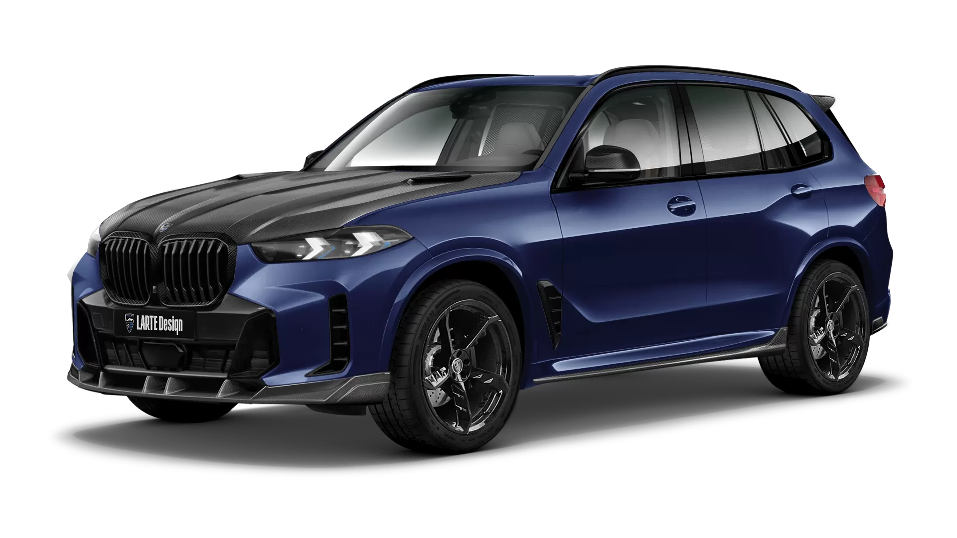 BMW X5 G05 LCI Facelift with carbon body kit: front view shown in Tanzanite Blue