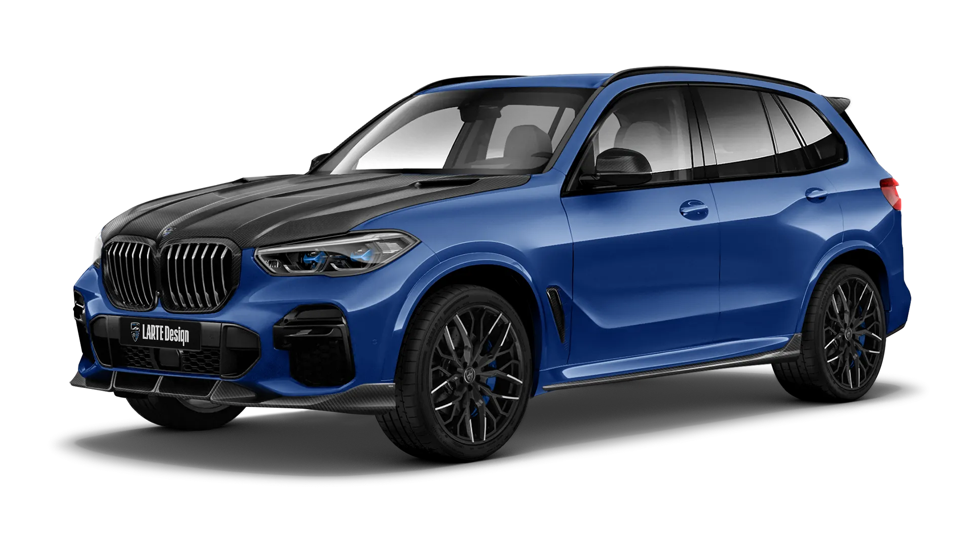 BMW X5 G05 2019 - 2023 mit Karbon-Karosserie-Kit: Frontansicht in Marina Bay Blue