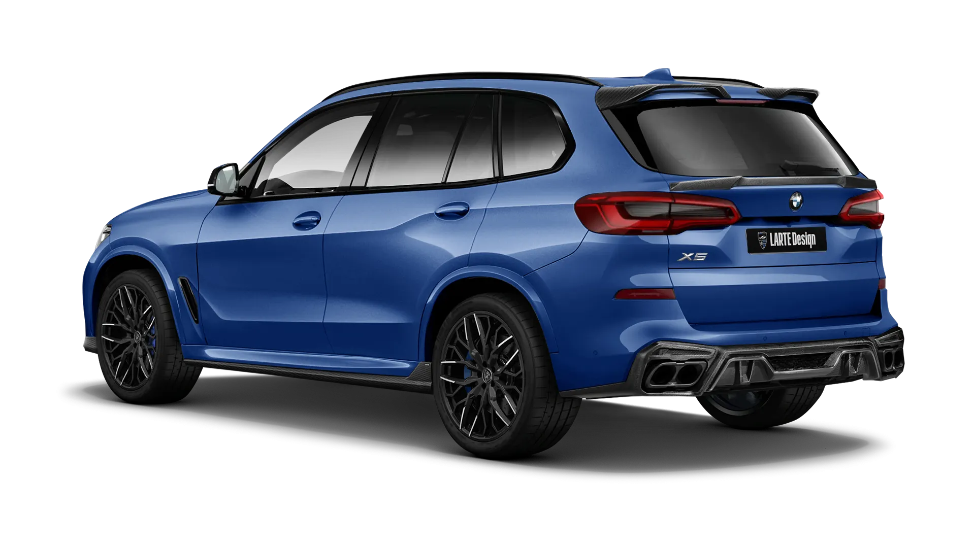 BMW X5 G05 2019 - 2023 mit Karbon-Karosserie-Kit: Rückansicht in Marina Bay Blue