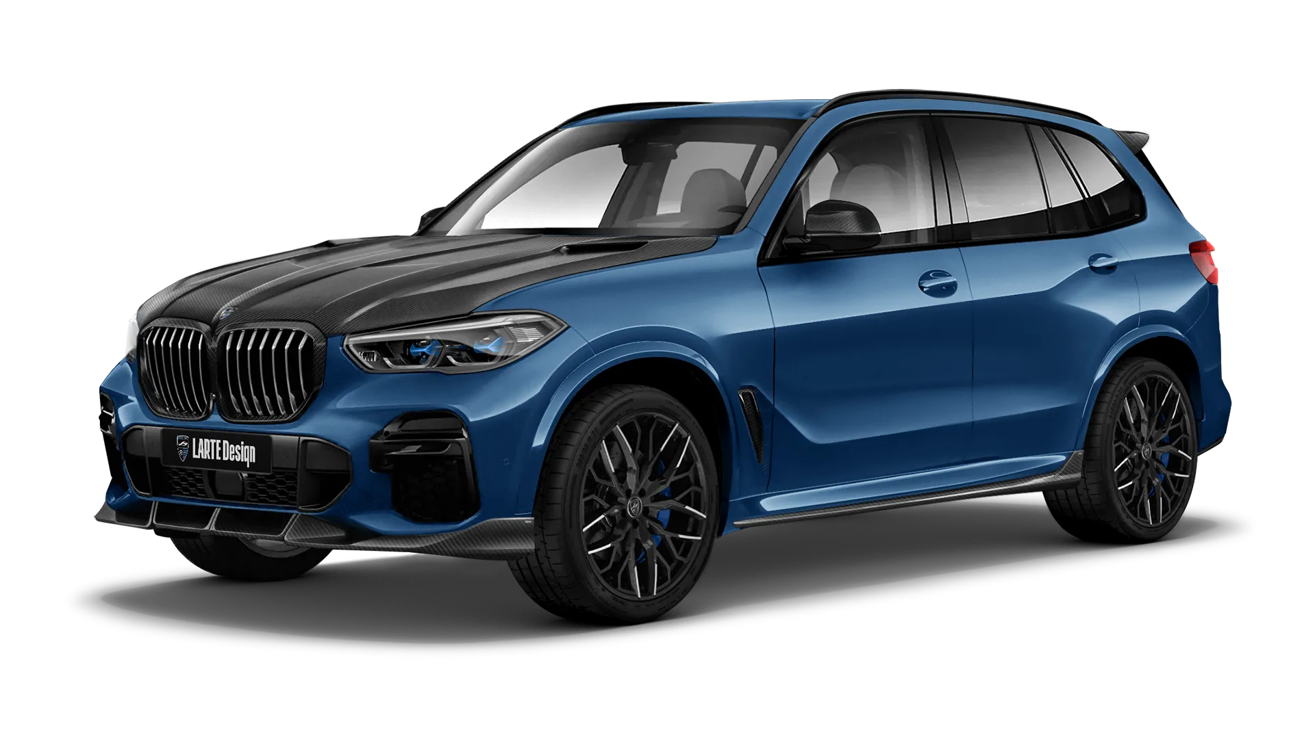 BMW X5 G05 2019 - 2023 mit Karbon-Karosserie-Kit: Frontansicht in Phytonic Blue