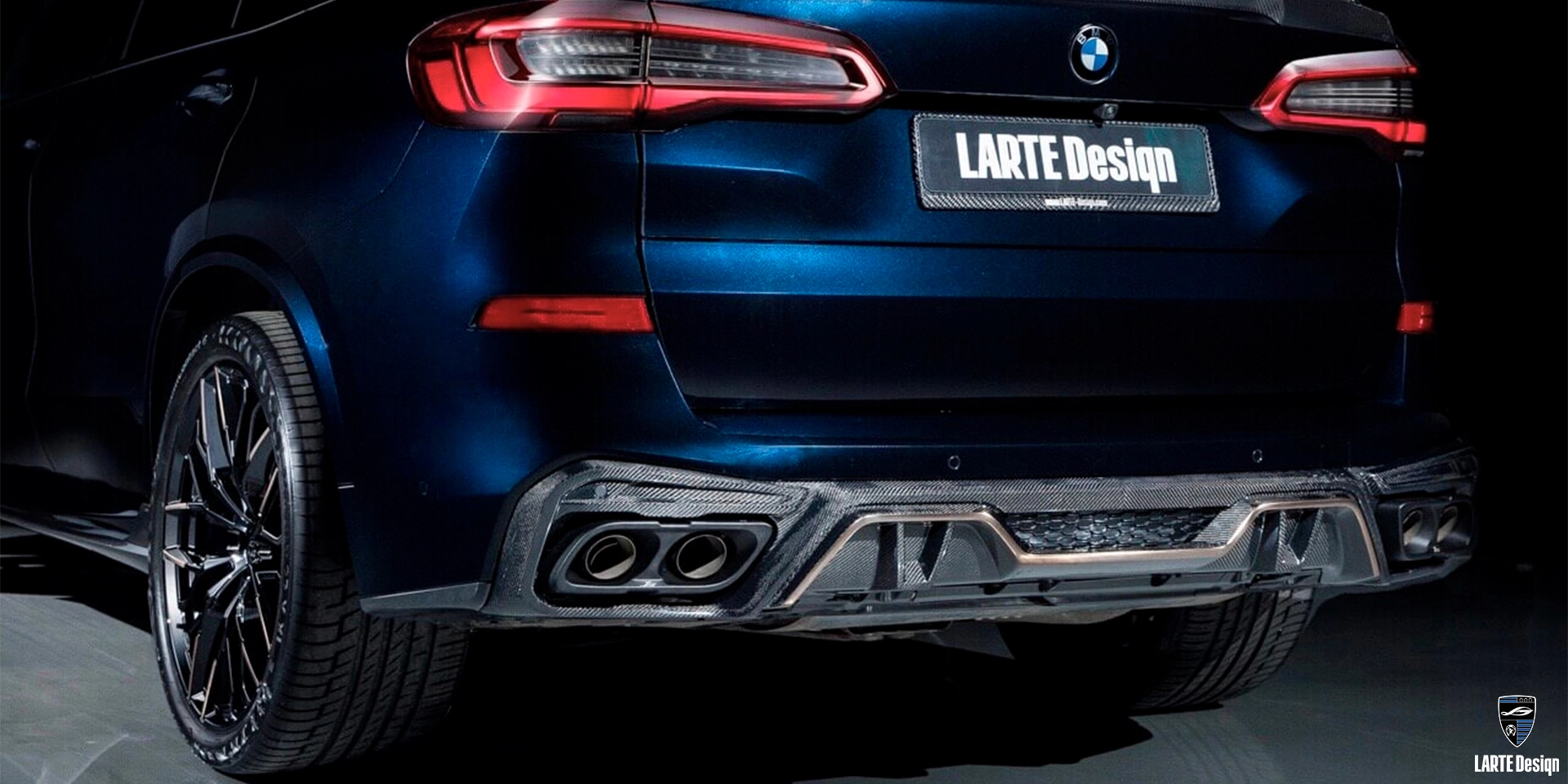 Order new carbon fiber exhaust tips for LARTE Performance BMW X5 M sport G05 Tanzanite Blue II Metallic
