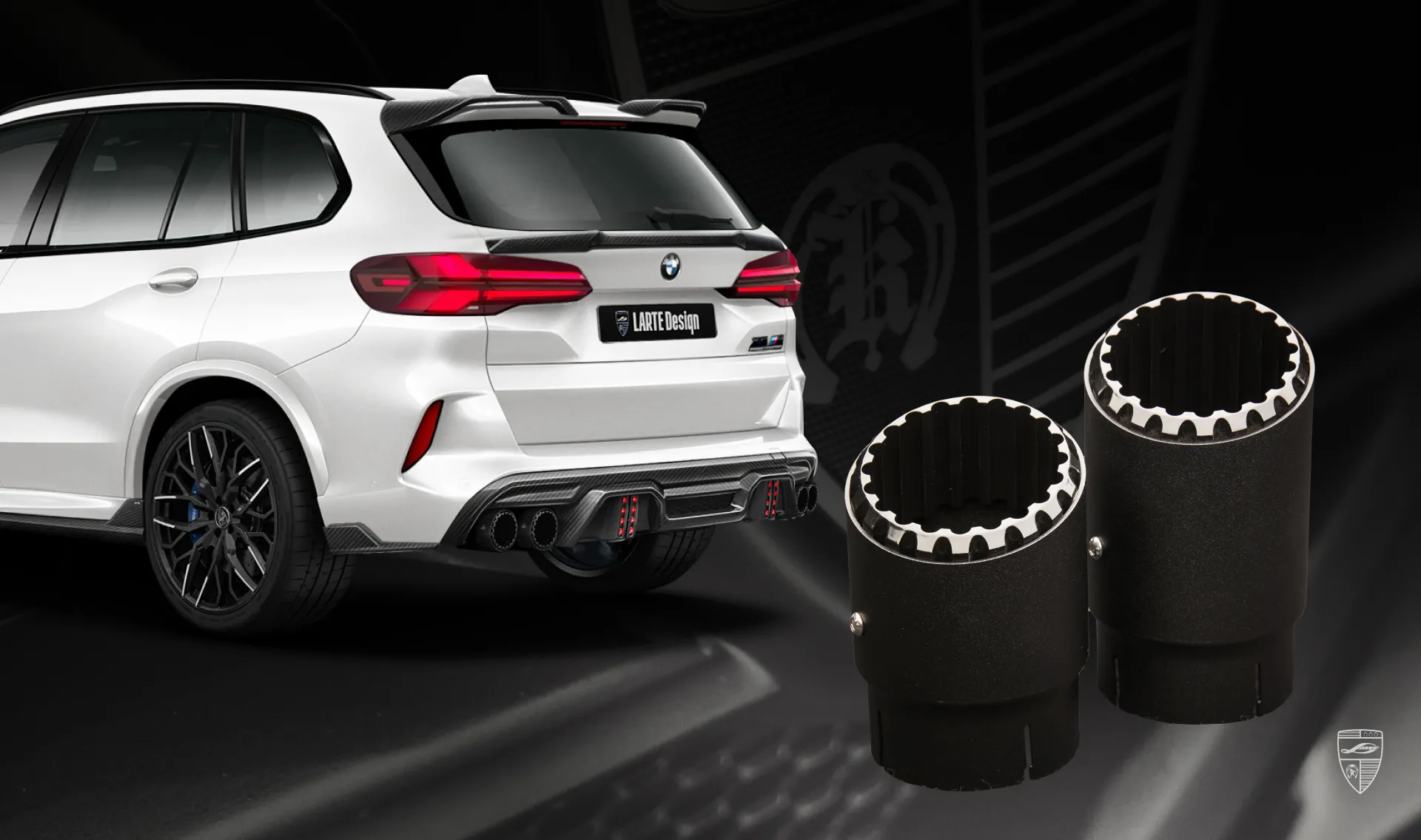 Custom tailpipe tips for your BMW X5M F95 Facelift in a conversion kit from LARTE Design