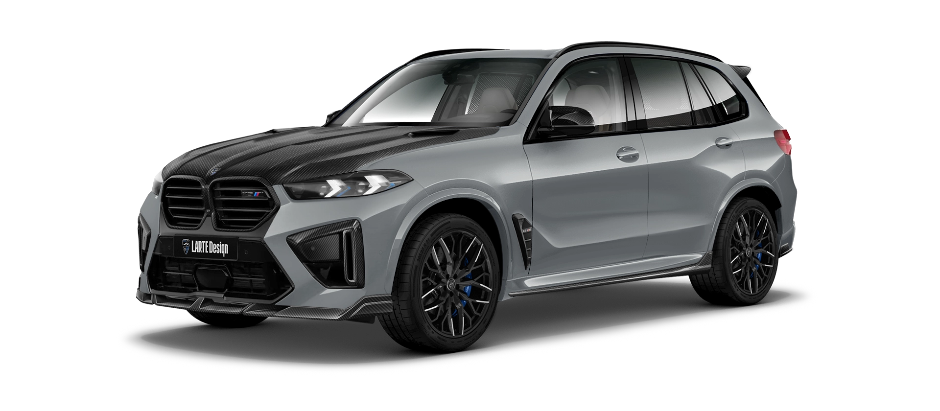 BMW X5M F95 III Facelift with carbon body kit: front view shown in Brooklyn Grey