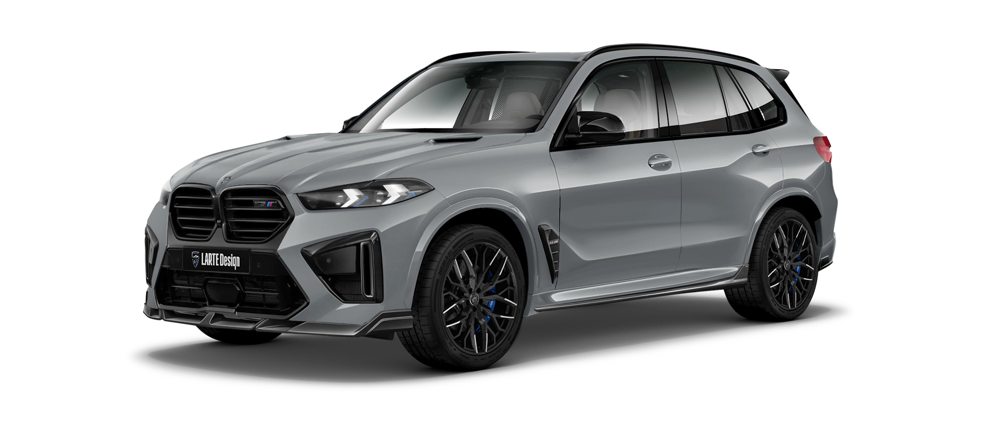 BMW X5M F95 III Facelift with painted body kit: front view shown in Brooklyn Grey