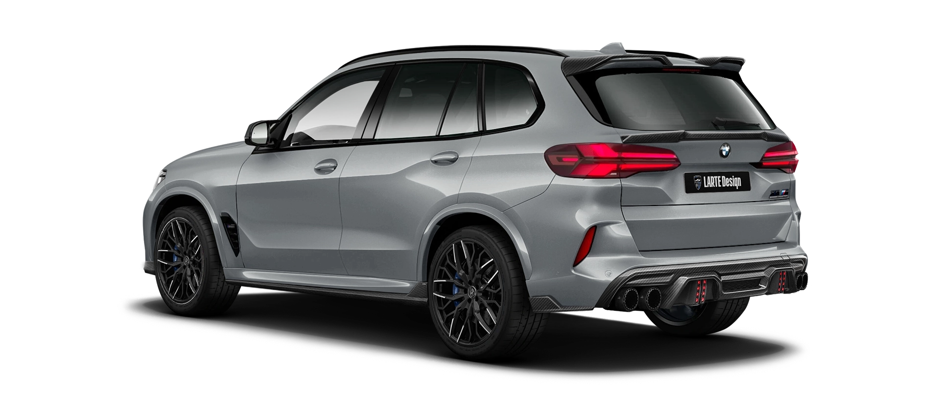 BMW X5M F95 III Facelift with carbon body kit: back view shown in Brooklyn Grey