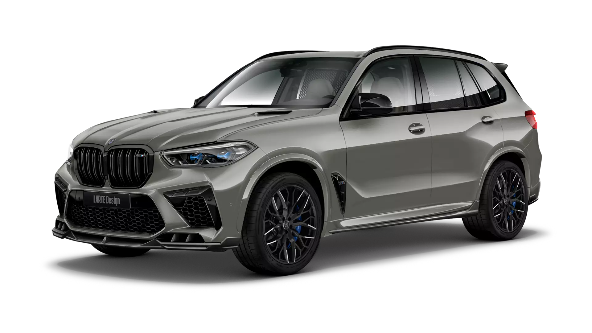 BMW X5M Competition F95 stock front view in Donington Gray color