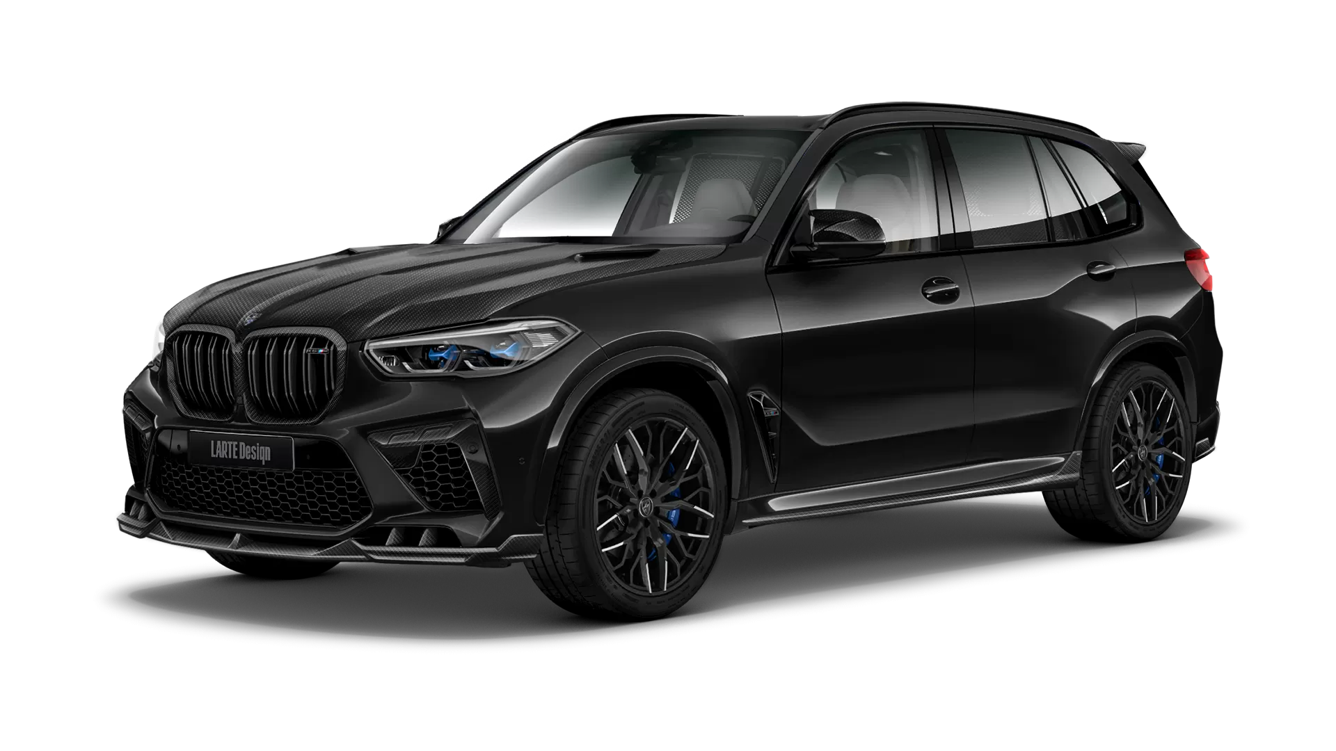 BMW X5M Competition F95 with carbon body kit: front view shown in Black Sapphire