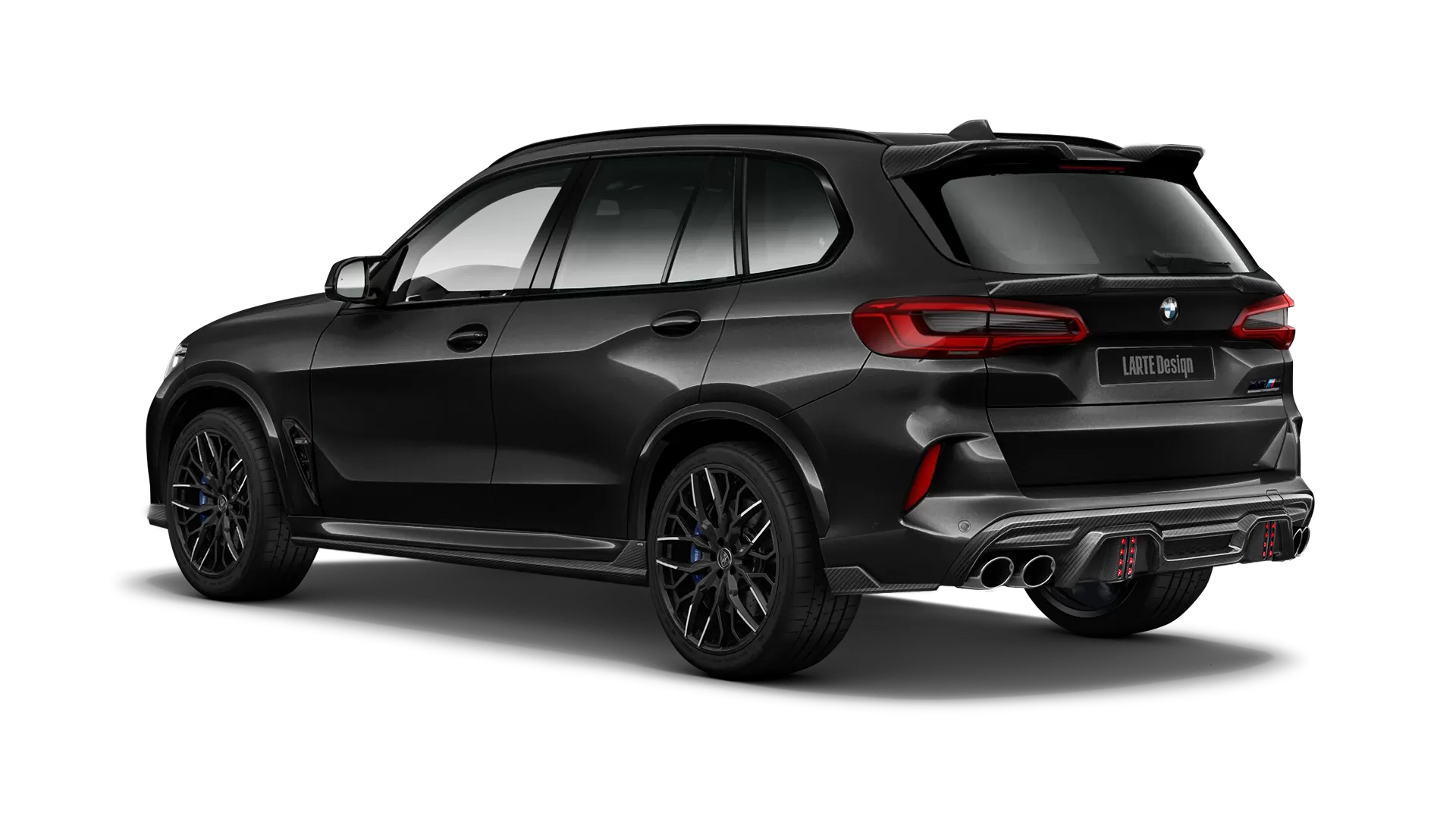 BMW X5M Competition F95 with carbon body kit: back view shown in Black Sapphire