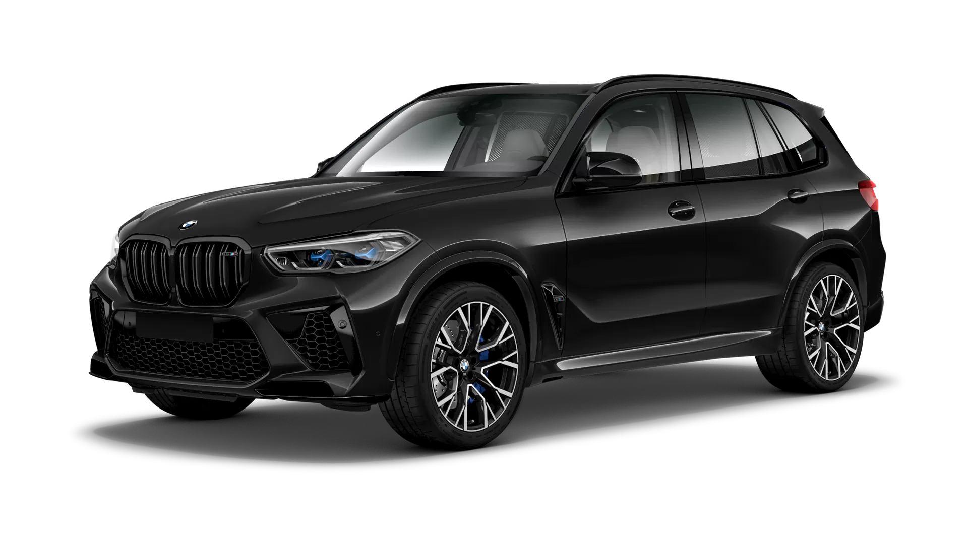 BMW X5M Competition F95 stock front view in Black Sapphire color