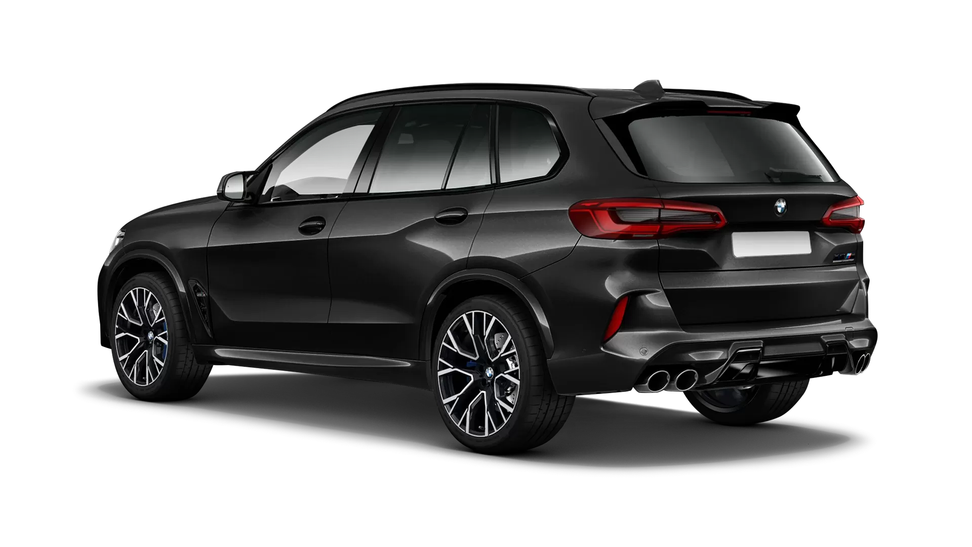 BMW X5M Competition F95 stock rear view in Black Sapphire color