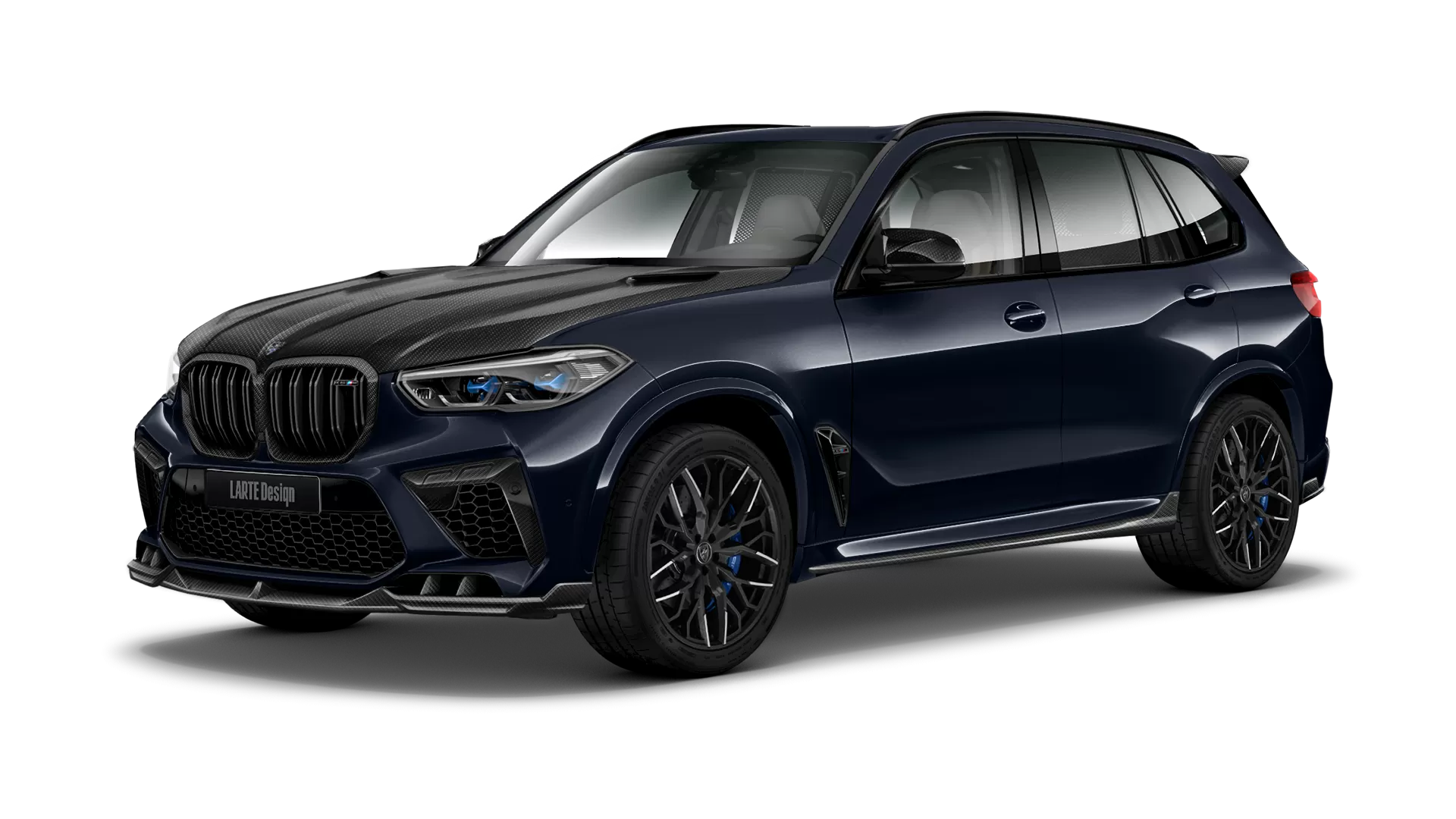 BMW X5M Competition F95 with carbon body kit: front view shown in Carbon Black