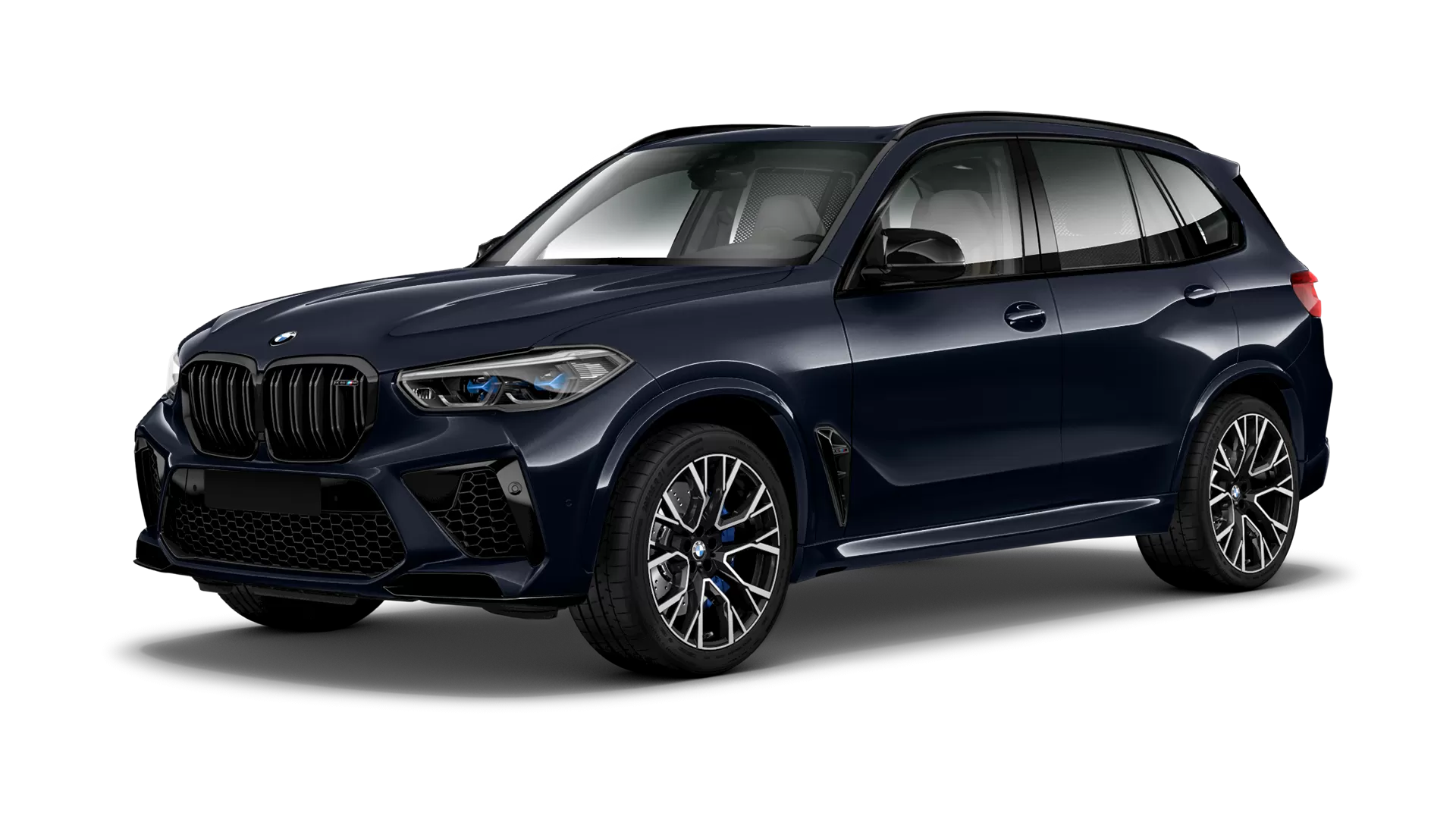 BMW X5M Competition F95 stock front view in Carbon Black color