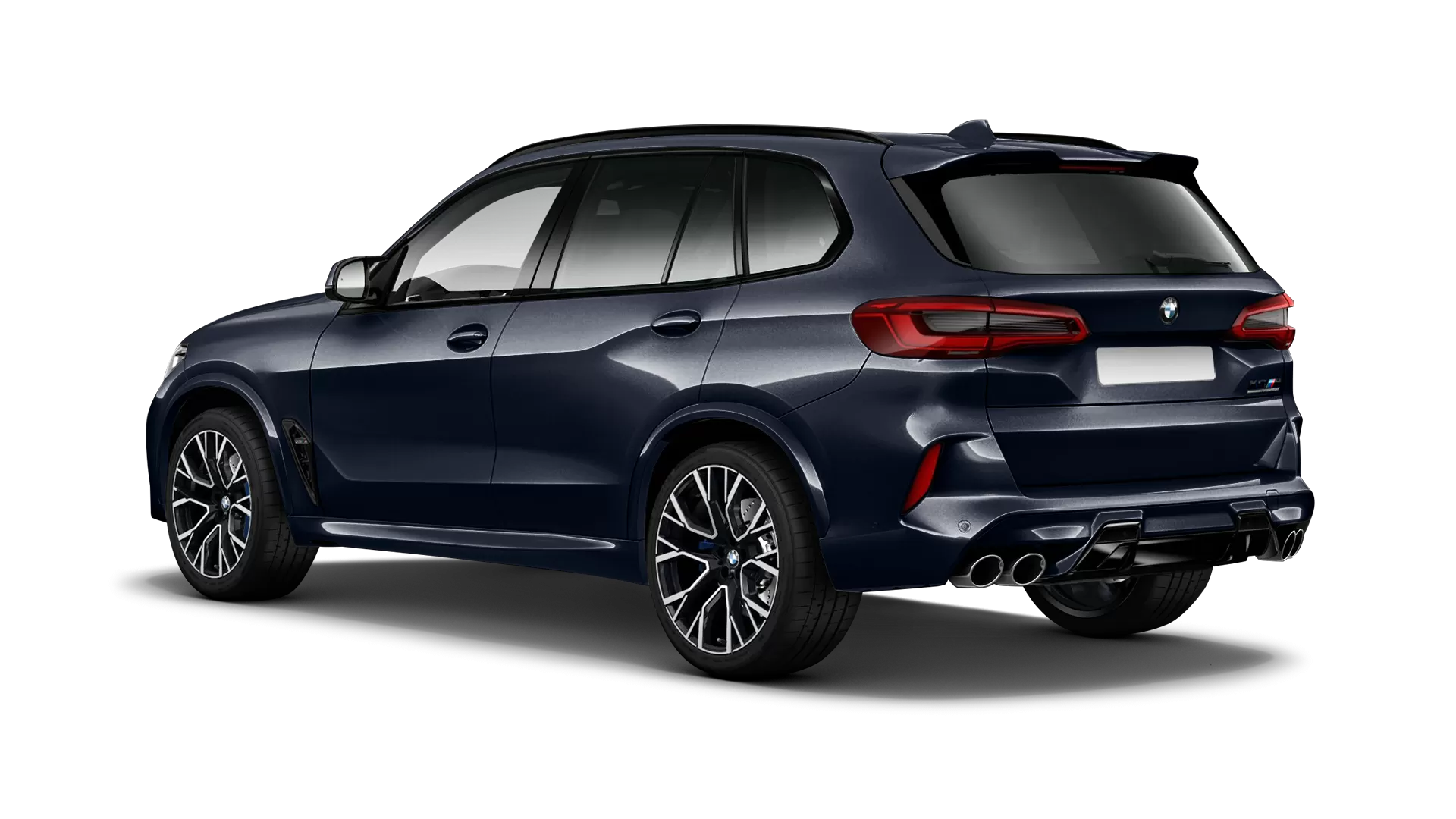 BMW X5M Competition F95 stock rear view in Carbon Black color