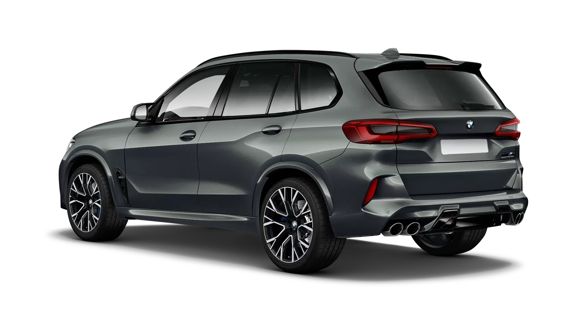 BMW X5M Competition F95 stock rear view in Dravit Grey color