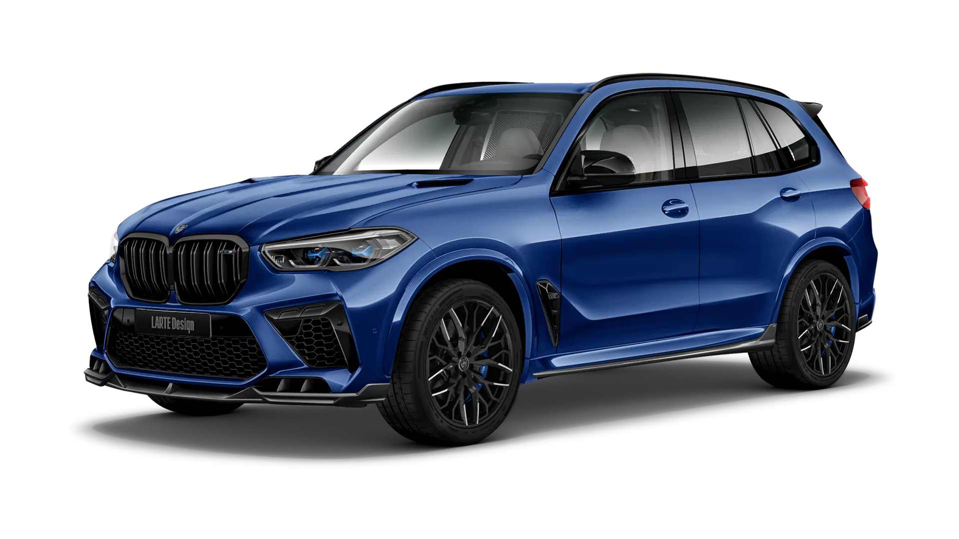 BMW X5M Competition F95 with painted body kit: front view shown in Marina Bay Blue