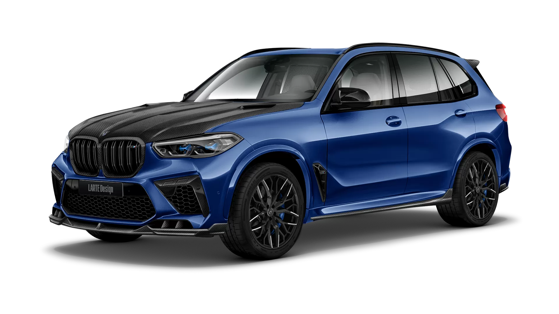 BMW X5M Competition F95 with carbon body kit: front view shown in Marina Bay Blue