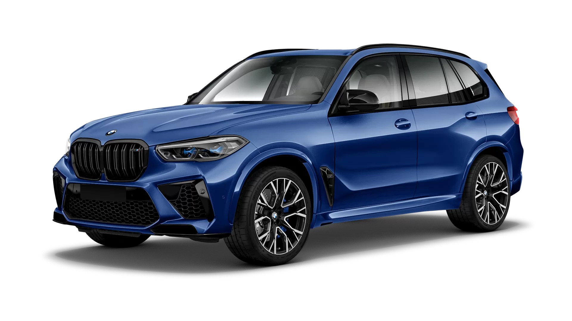 BMW X5M Competition F95 stock front view in Marina Bay Blue color