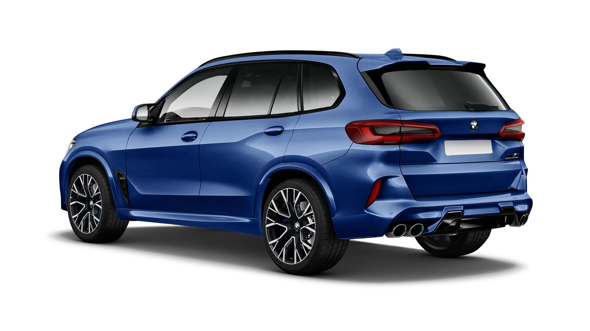 BMW X5M Competition F95 stock rear view in Marina Bay Blue color