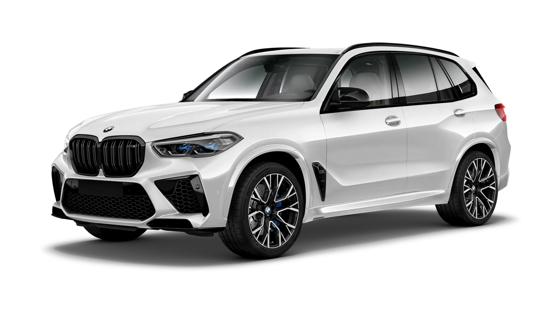 BMW X5M Competition F95 stock front view in Mineral White color