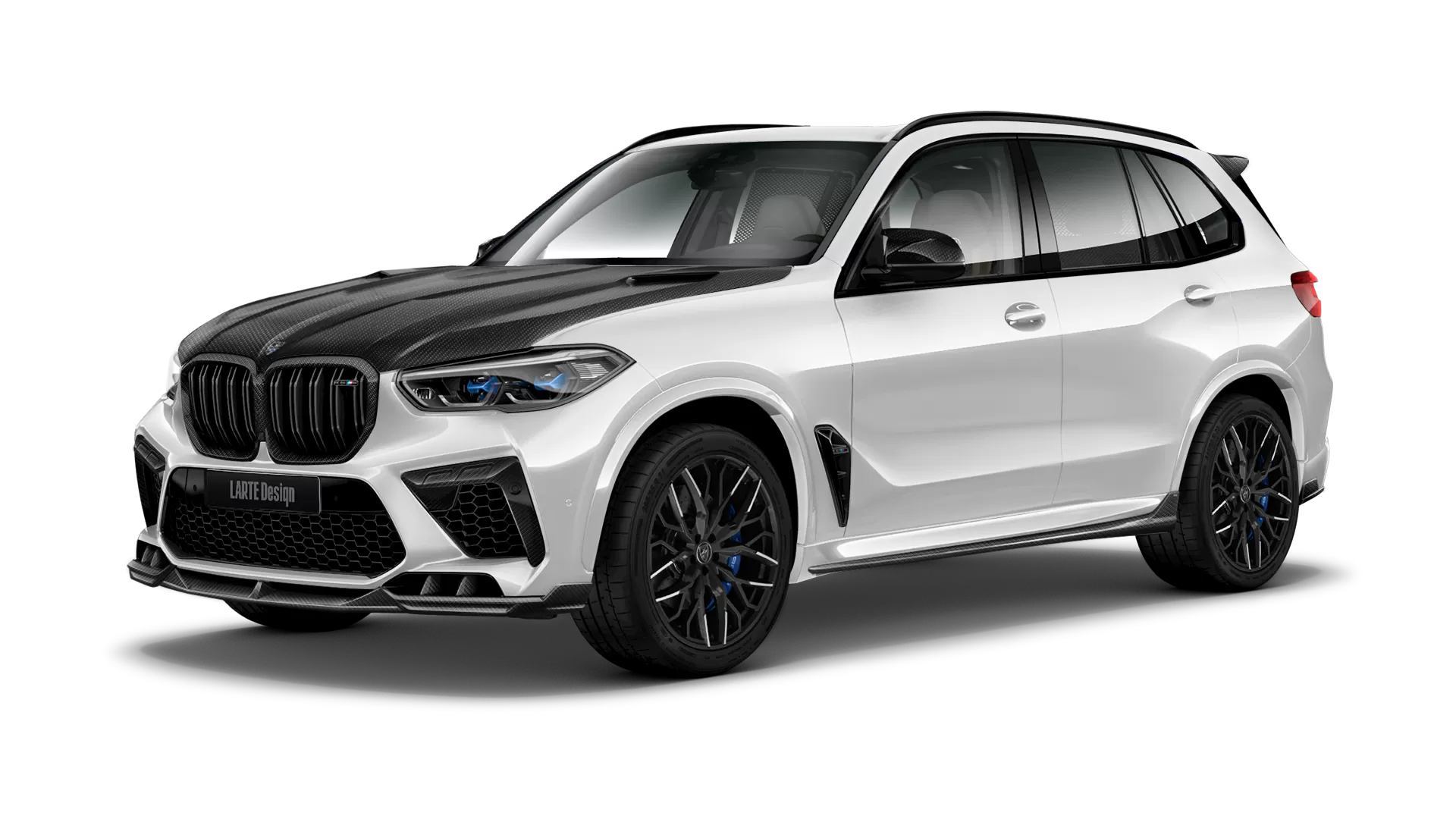 BMW X5M Competition F95 with carbon body kit: front view shown in Snow White
