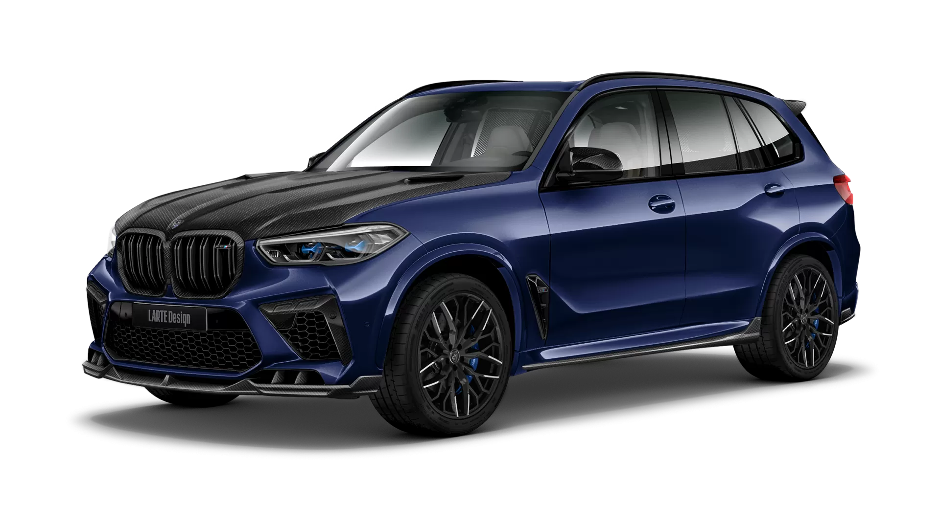 BMW X5M Competition F95 with carbon body kit: front view shown in Tanzanite Blue