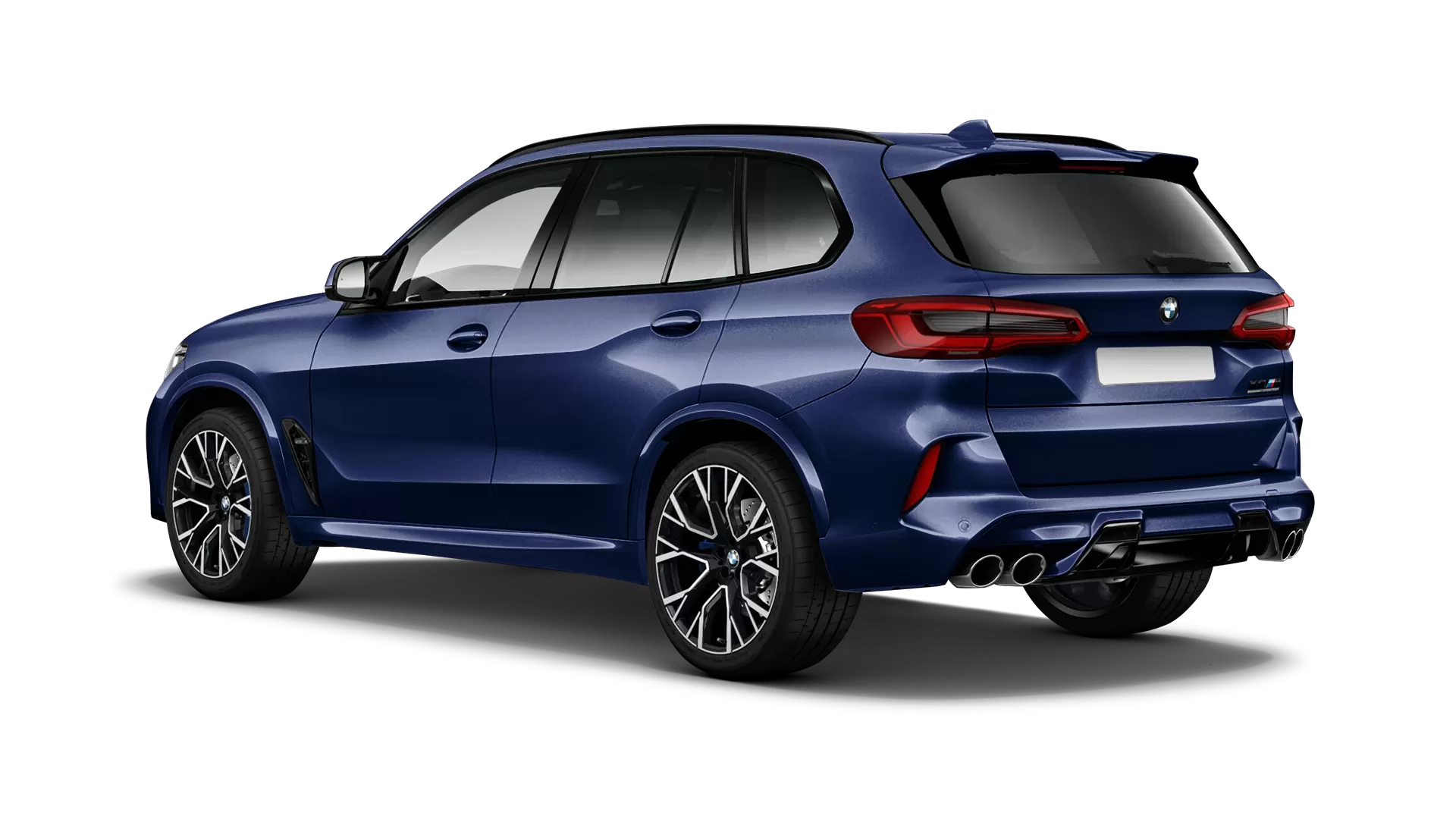 BMW X5M Competition F95 stock rear view in Tanzanite Blue color