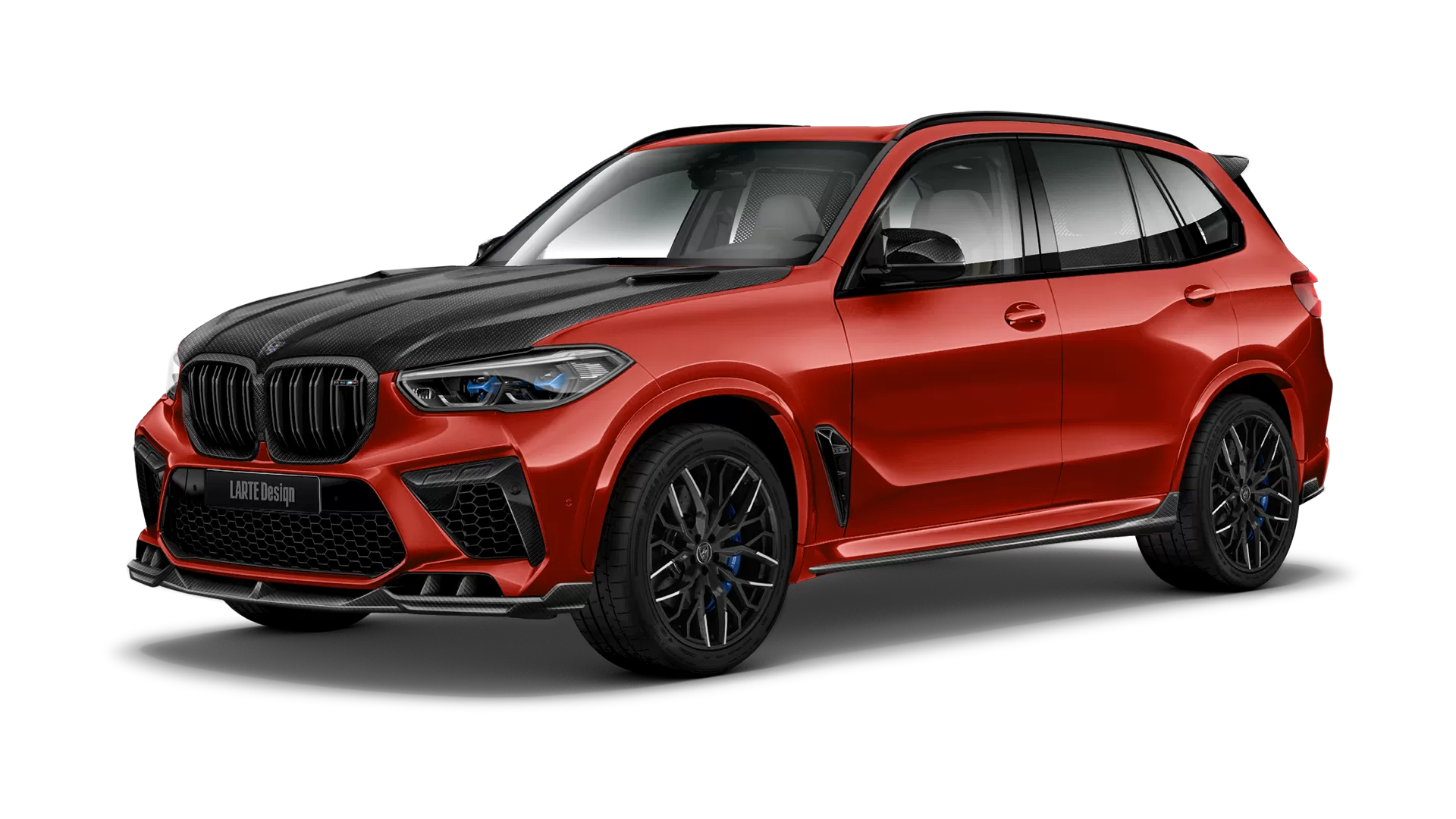 BMW X5M Competition F95 with carbon body kit: front view shown in Toronto Red