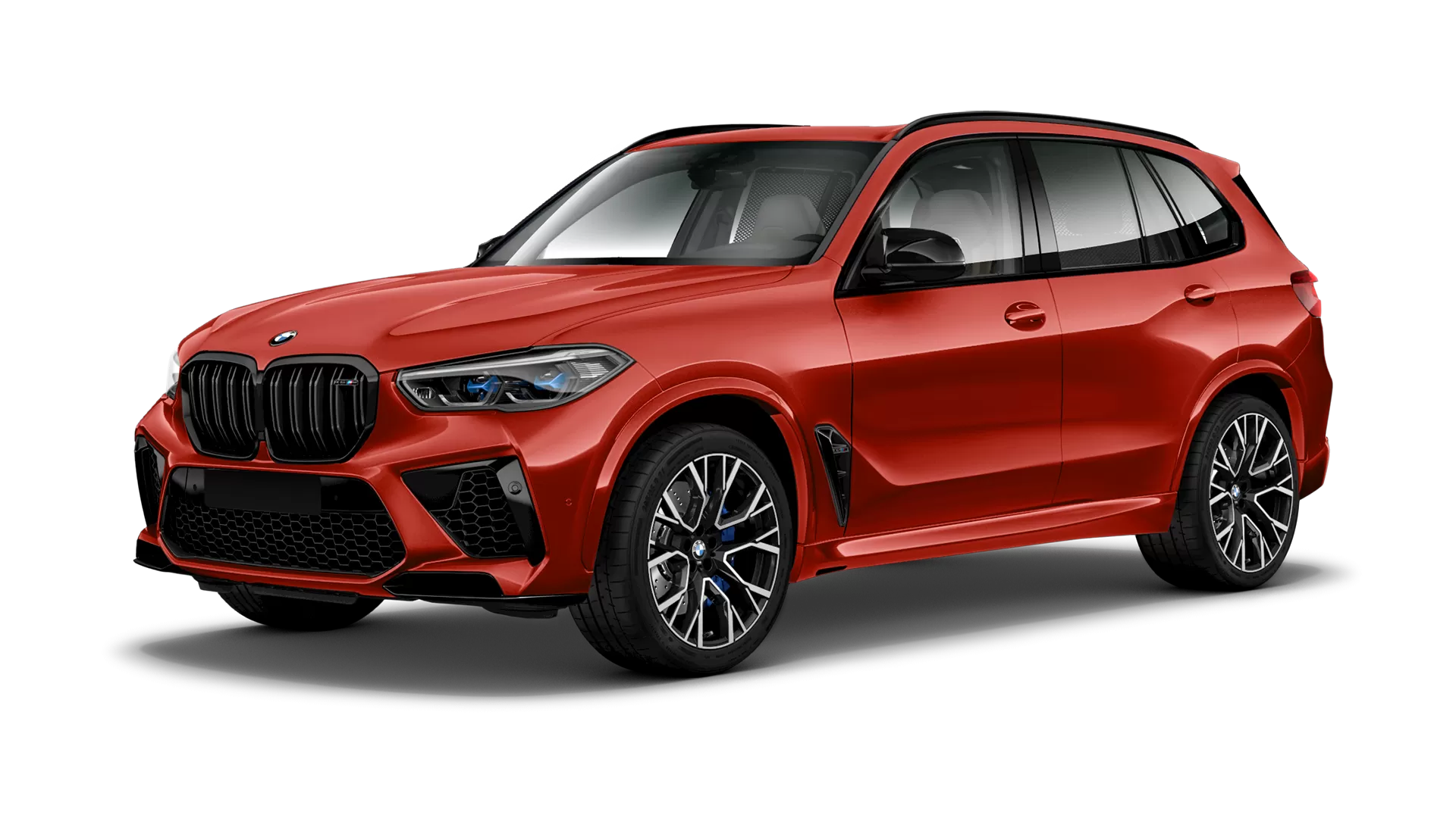 BMW X5M Competition F95 stock front view in Toronto Red color