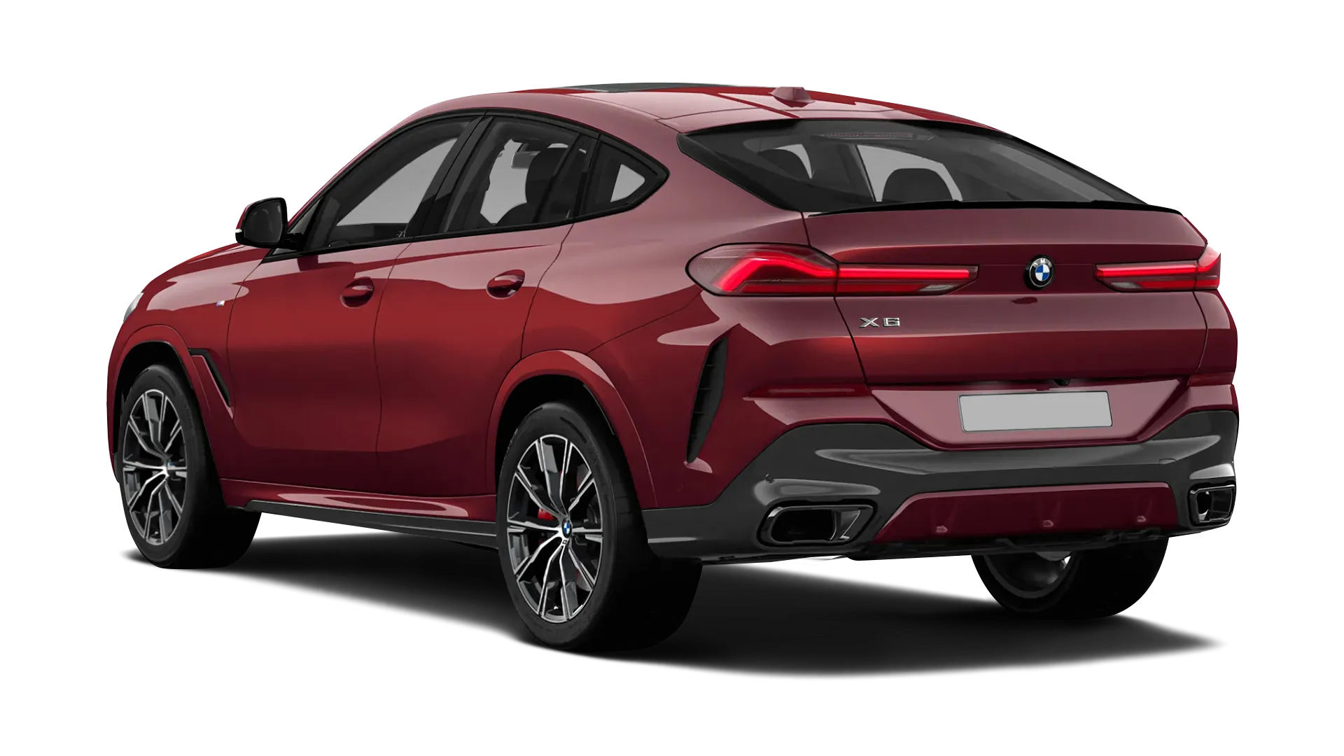 BMW X6 G06 LCI III Facelift serienmäßige Rückansicht in Aventurin Rot Farbe