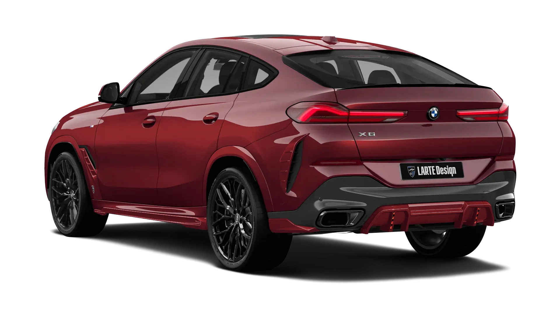BMW X6 G06 LCI III Facelift mit lackiertem Karosserie-Kit: Rückansicht in Aventurin Rot