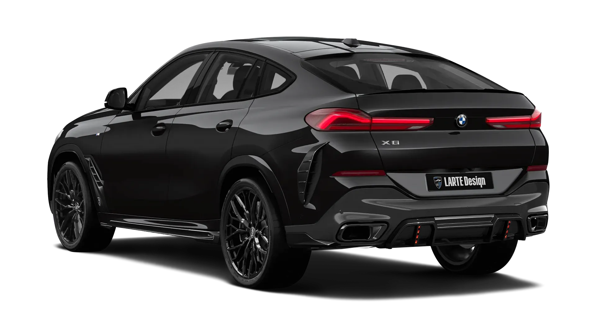 BMW X6 G06 LCI III Facelift mit lackiertem Karosserie-Kit: Rückansicht in Schwarz‑Saphir