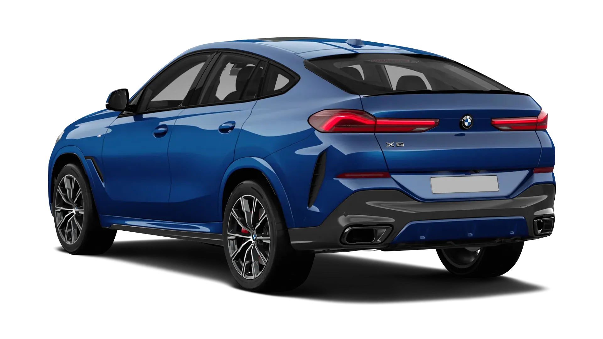 BMW X6 G06 LCI III Facelift serienmäßige Rückansicht in Le Mans Blau Farbe