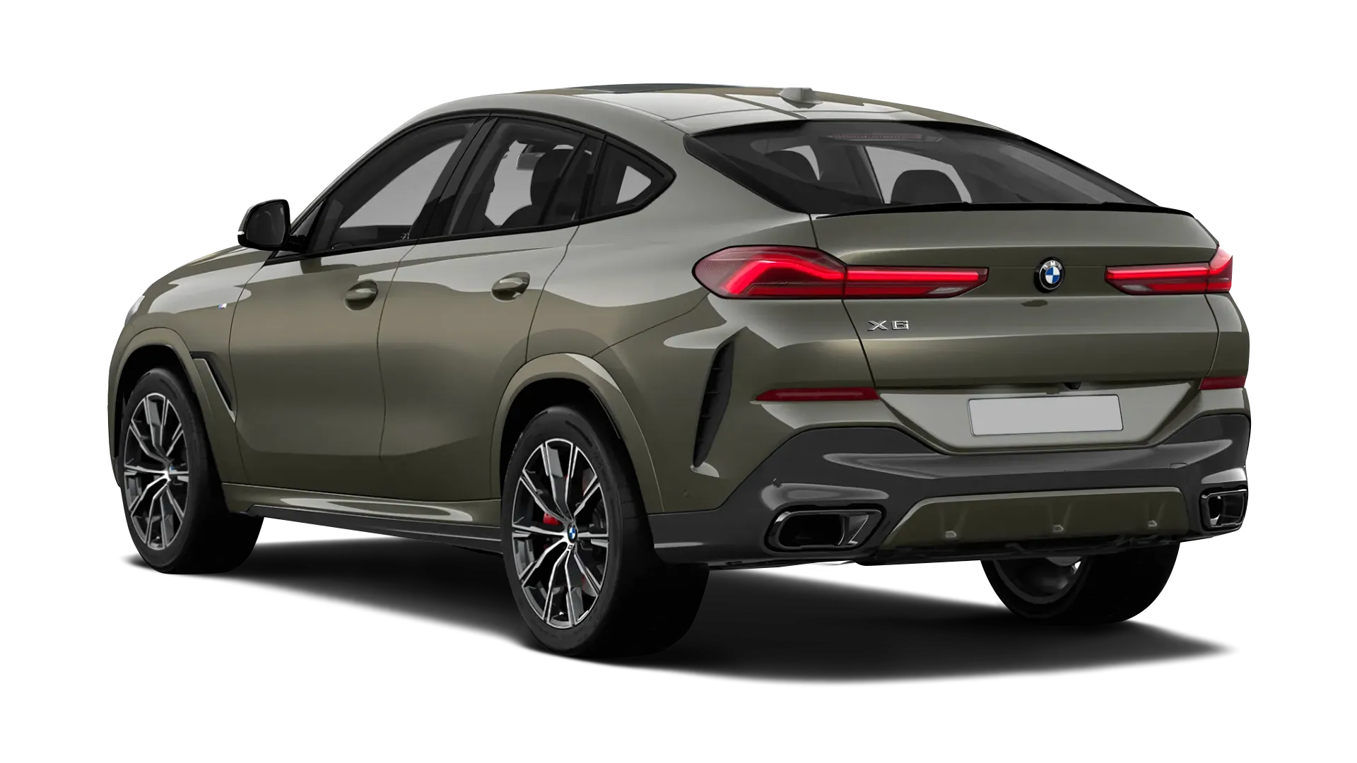 BMW X6 G06 LCI III Facelift serienmäßige Rückansicht in Manhattan Grün Farbe