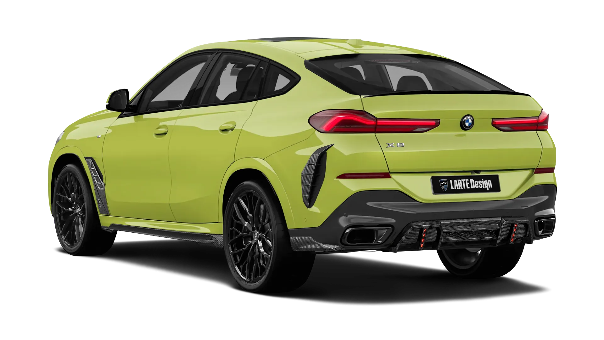 BMW X6 G06 LCI III Facelift mit Karbon-Karosserie-Kit: Rückansicht in São‑Paulo Gelb