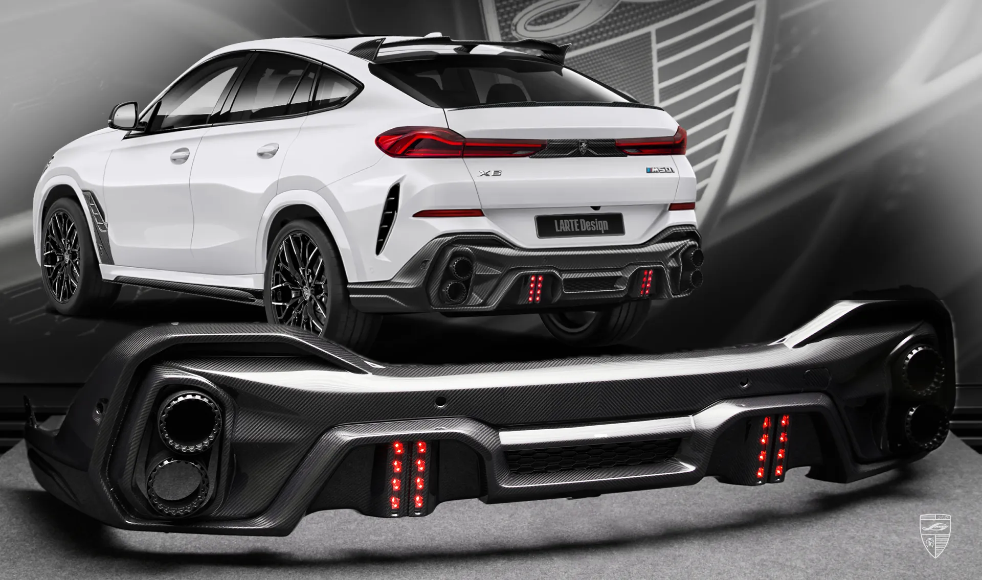 Rear bumper diffuser upgrade for the luxury car BMW X6 G06 LCI III Facelift from LARTE Design