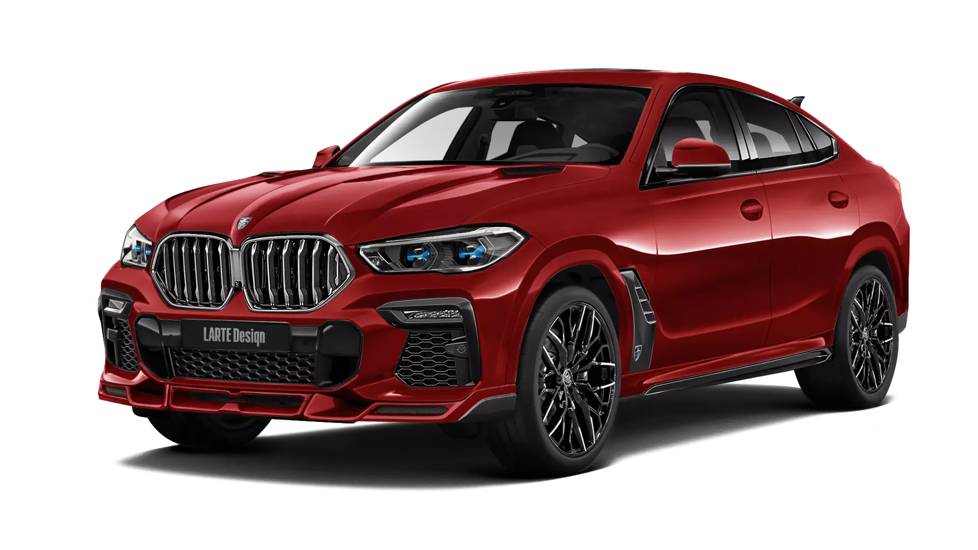 BMW X6 with painted body kit: front view shown in flamenco red