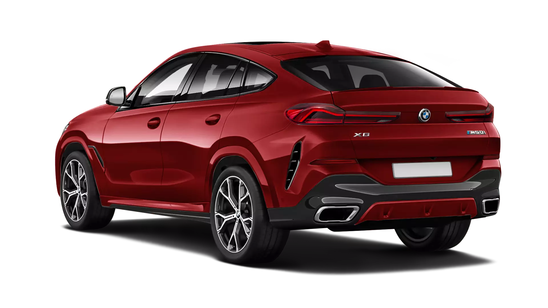 BMW X6 stock rear view in flamenco red