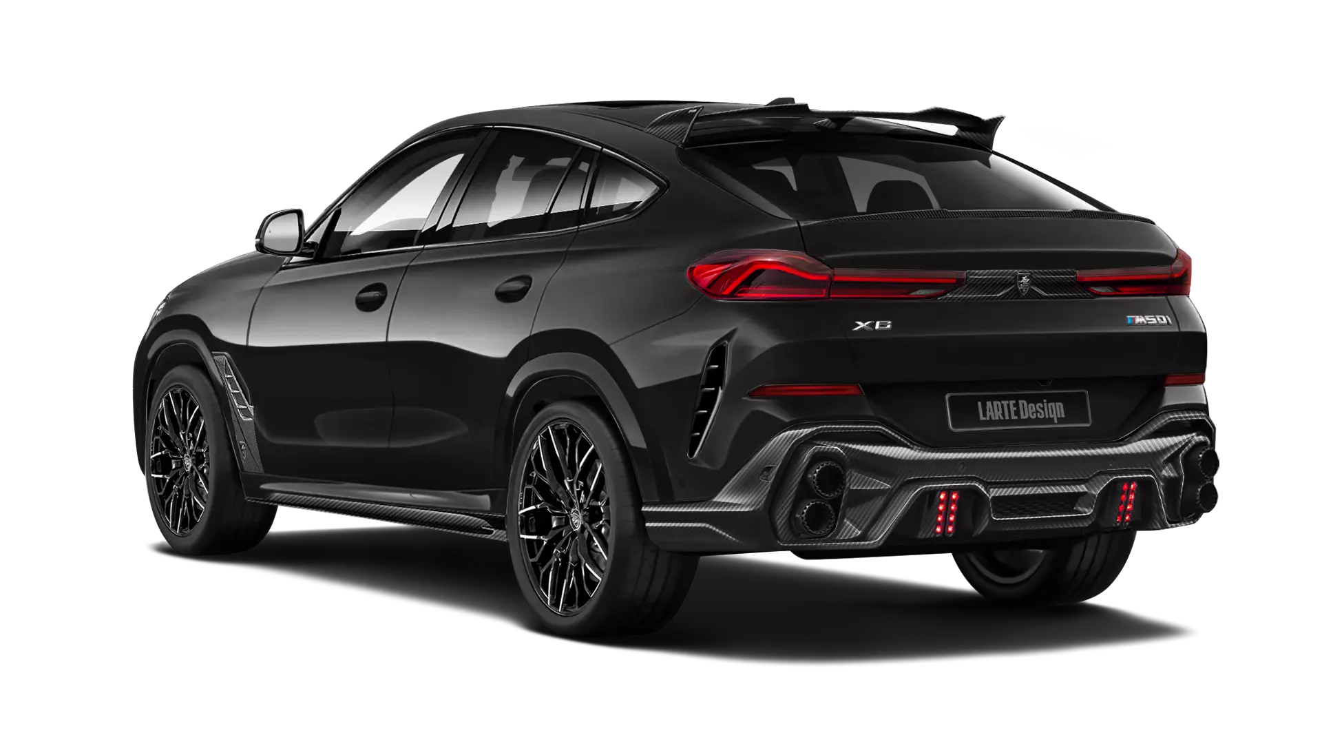 BMW X6 G06 with carbon body kit: back view shown in Black Sapphire