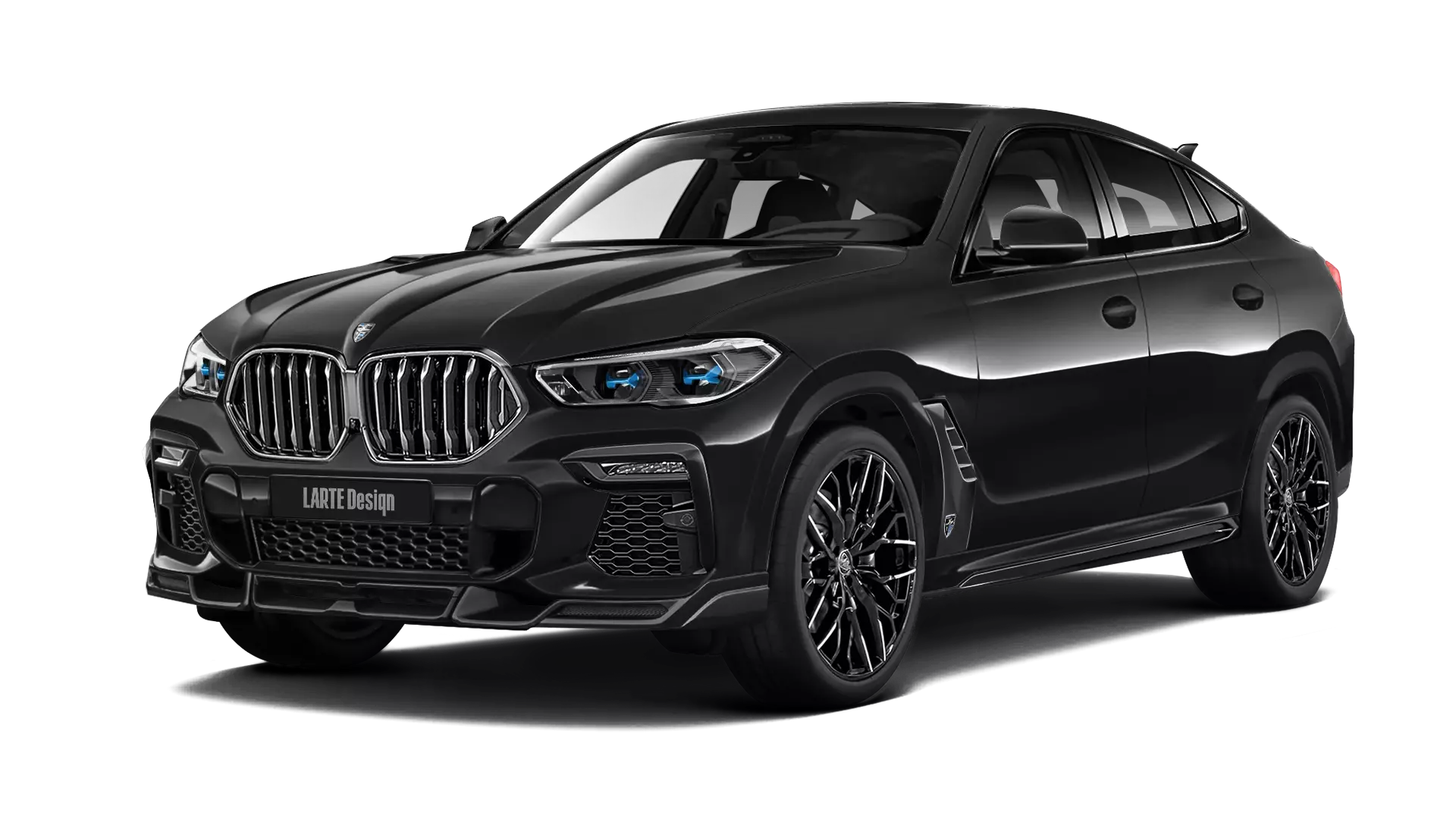 BMW X6 G06 with painted body kit: front view shown in Black Sapphire