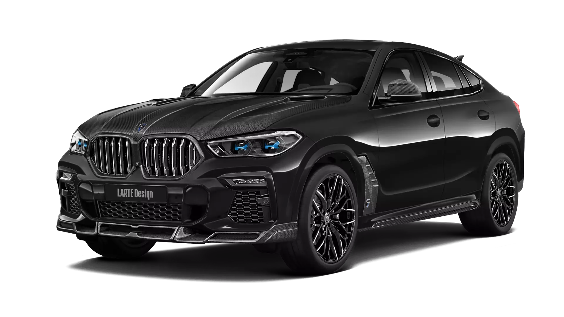 BMW X6 G06 with carbon body kit: front view shown in Black Sapphire