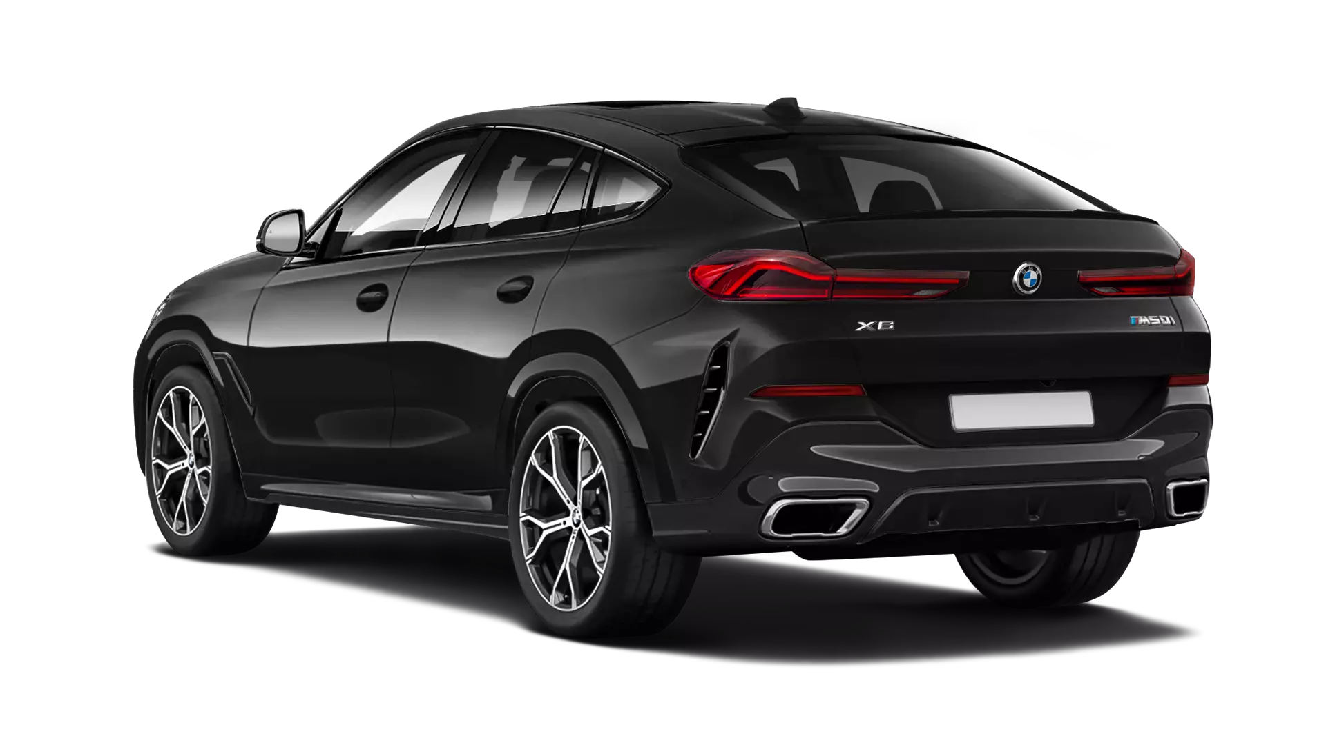 BMW X6 G06 stock rear view in Black Sapphire color