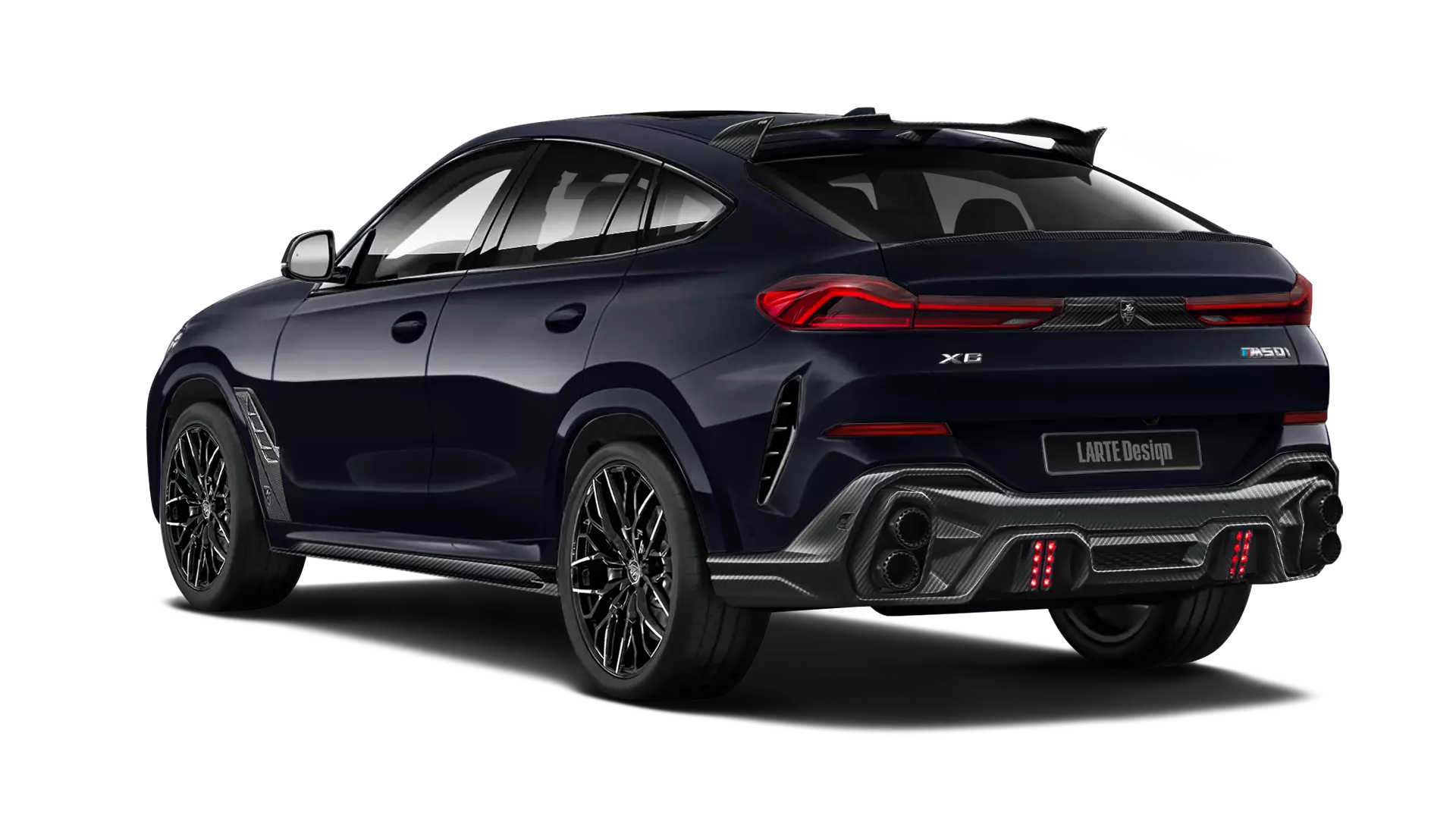 BMW X6 G06 with carbon body kit: back view shown in Carbon Black