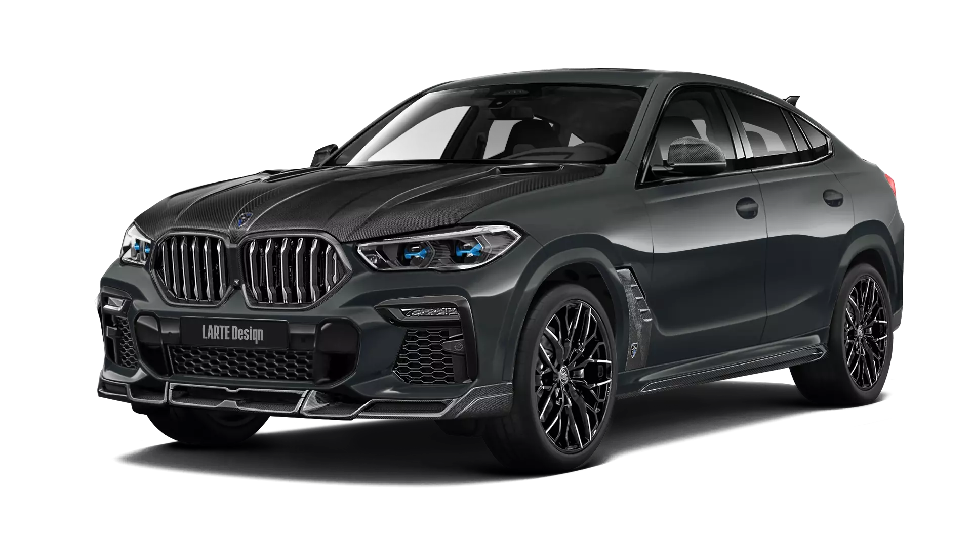 BMW X6 G06 with carbon body kit: front view shown in Dravit Grey