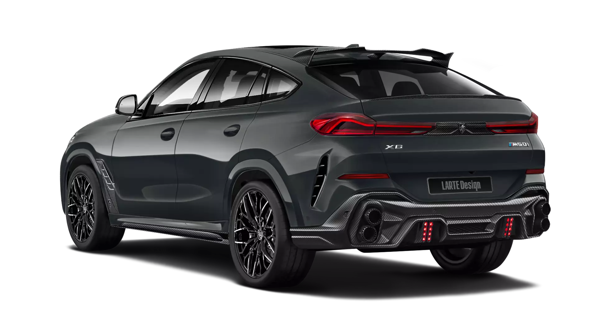 BMW X6 G06 with carbon body kit: back view shown in Dravit Grey